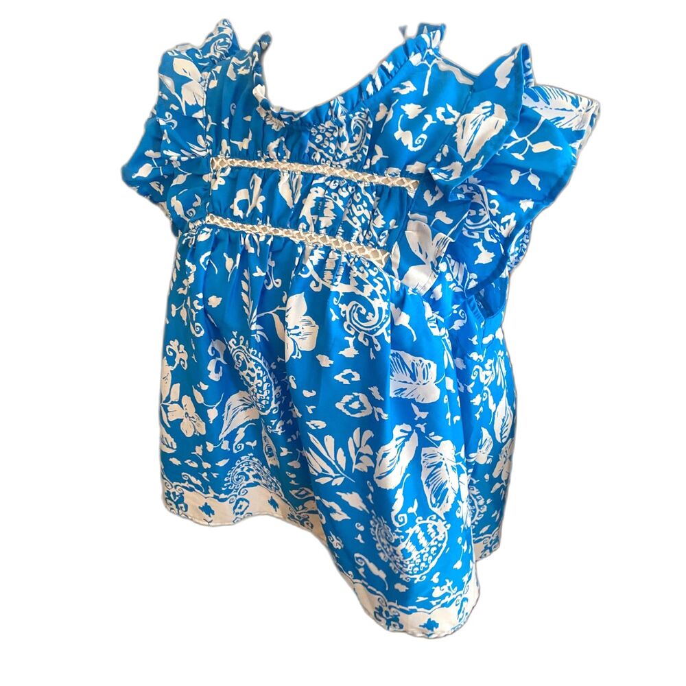 Umgee Peasant Blouse Large Blue White Floral Flutter Sleeve Lace Flowy - Picture 3 of 9